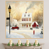 Charming Winter Painting of White Farmhouse with Red Truck, Barn, Snow-Covered Trees, and Warm Sunset Glow on Ready to Hang 1.5" Thick Canvas Wrap, Floating Framed Canvas, Flat Rolled Canvas